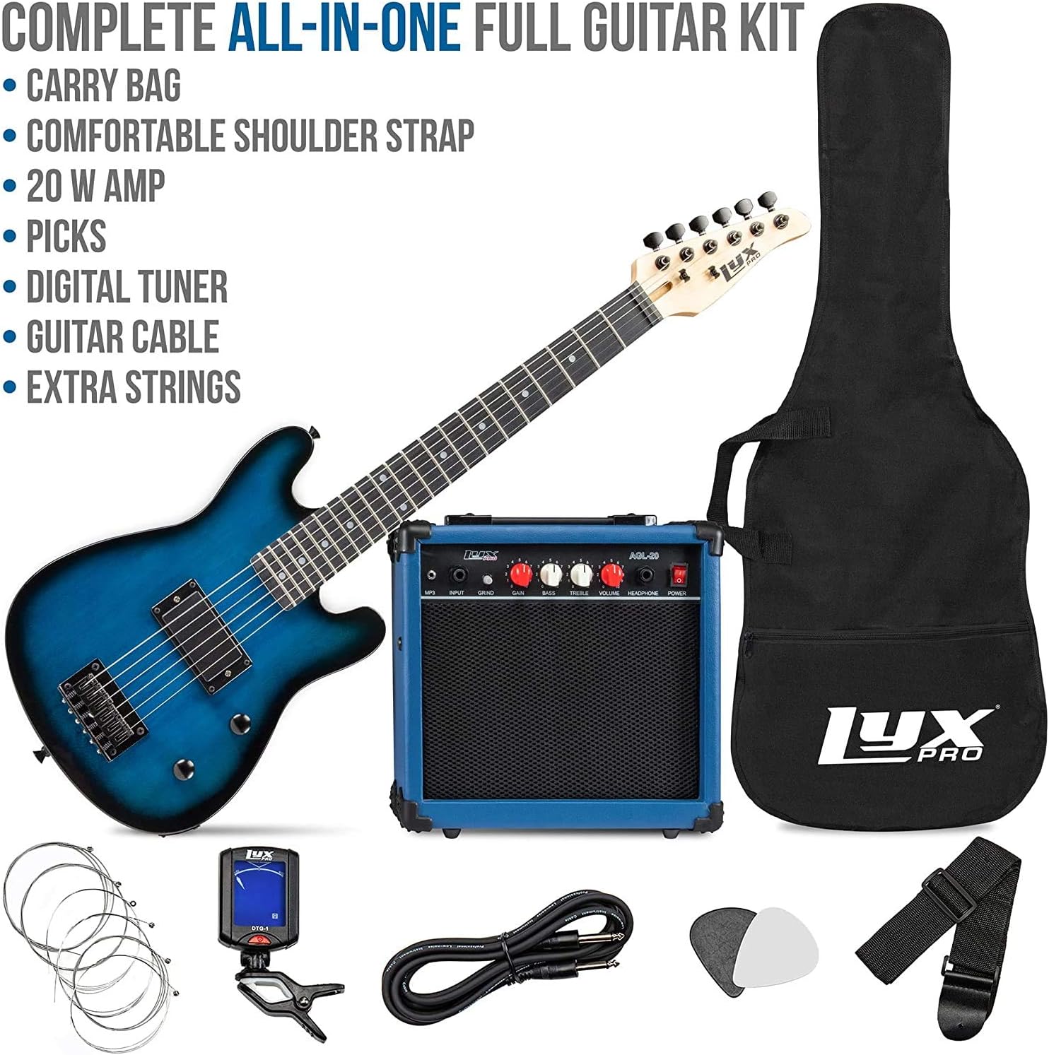 LyxPro Full Size Electric Guitar Blue with 20w Amp Package, Mackie Onyx Artist 2-2 Audio/Midi interface With Pro Tools First/Tracktion Music Production Software Kit With Professional Headphones
