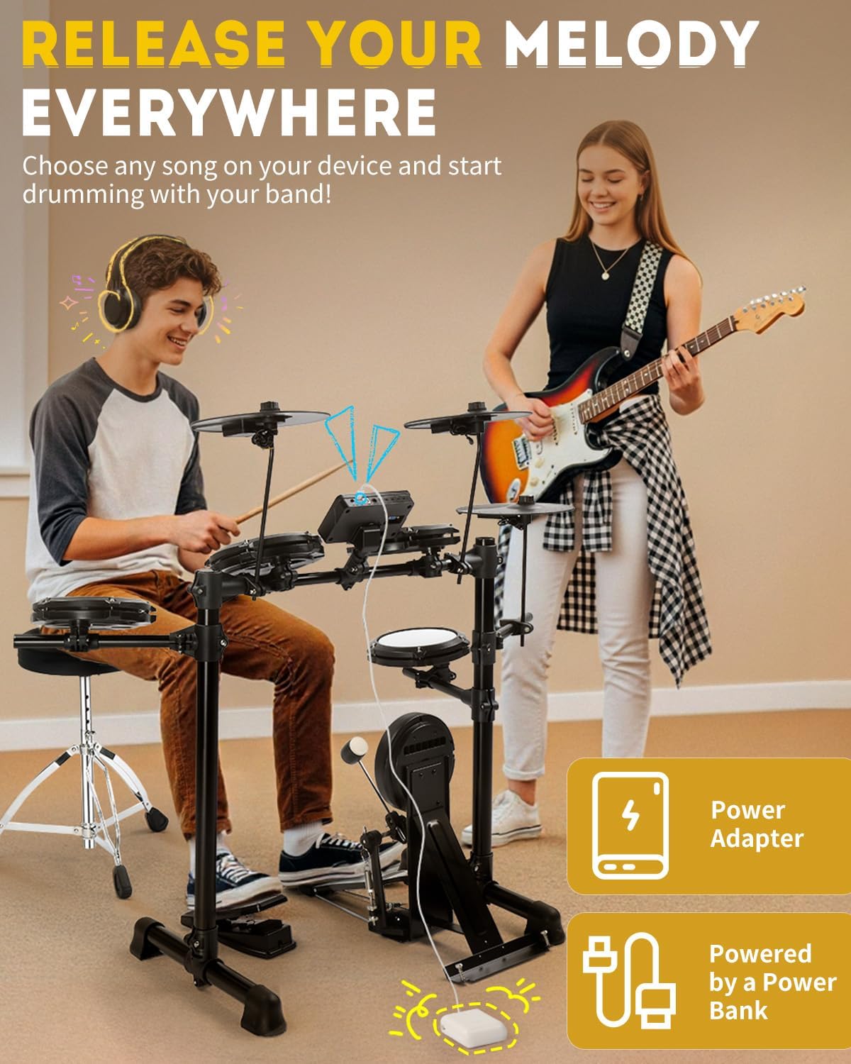 Ktaxon Electric Drum Set, Electronic Drum Set with Type-C Charging, USB MIDI & Quiet Mesh Drums, Premium Cymbals, Low-Noise Kick Pedal, Adjustable Throne, Headphones, Sticks and Velcro(Full)