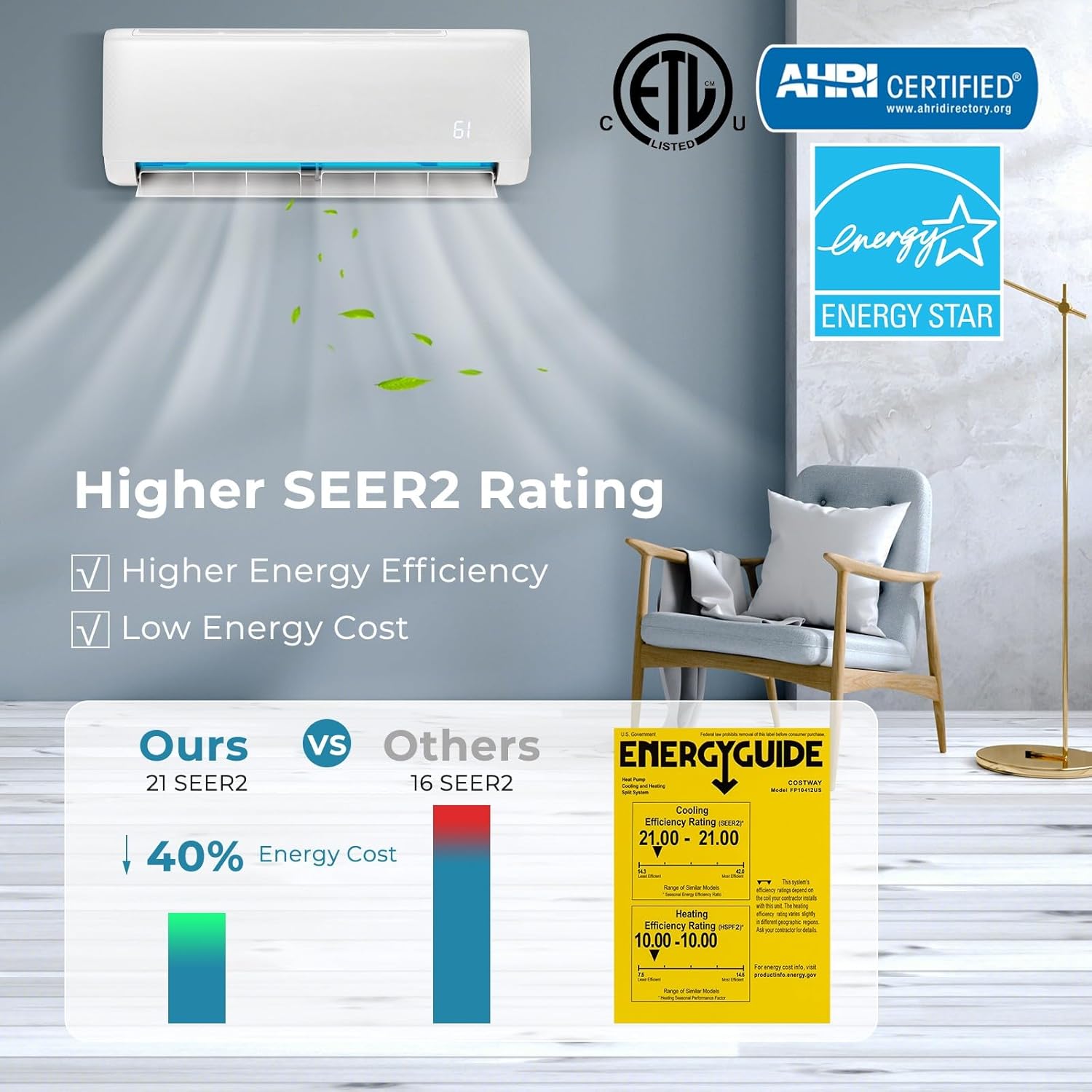 KOTEK 12000 BTU Mini Split AC/Heating System, Energy Star, 21 SEER2 Inverter Ductless AC Unit, Cools Up to 750 Sq. Ft, Wall Mounted Air Conditioner with Heat Pump (12000BTU, 208-230V, 21 SEER2)