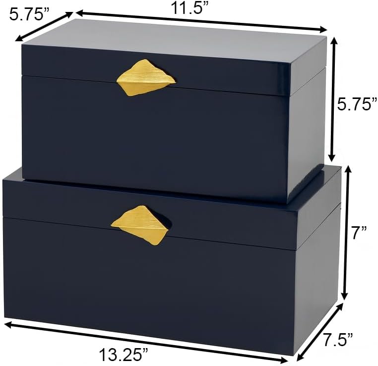 Vintiquewise Set of 2 Decorative Wooden Storage Boxes with Gold Accent – Boxes for Keys, Jewelry, Makeup, Accessories, Crafts, Gadgets, Home Office, Living Room, Bedroom & Entryway Décor, Blue