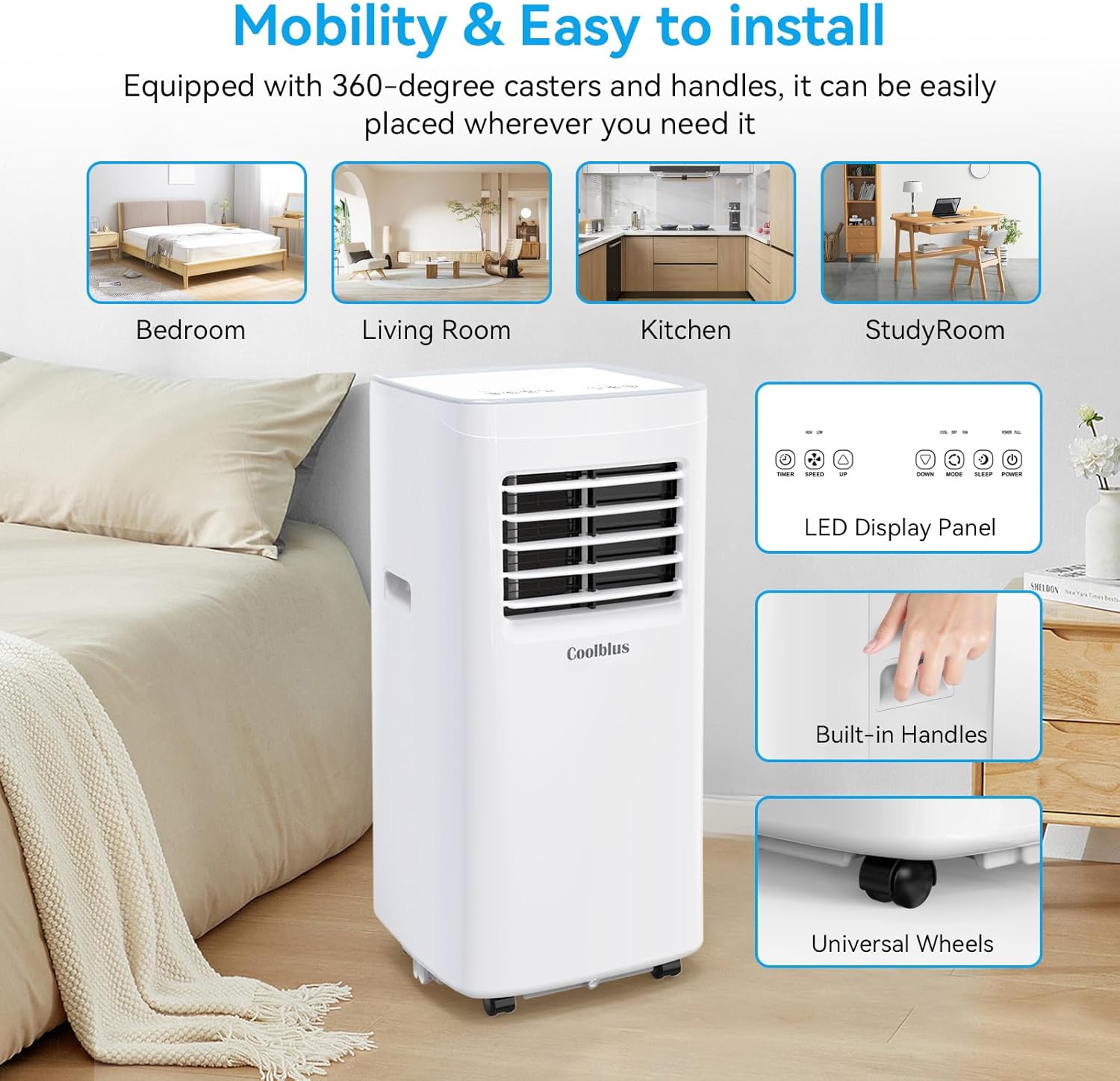 Portable Air Conditioners,8500 BTU air conditioner Cools Up to 360 Sq. Ft. 3 in 1 Portable AC with Remote Control,24H Timer, Smart Sleep Mode,Window Installation Kit & Filter Cleaning Brush