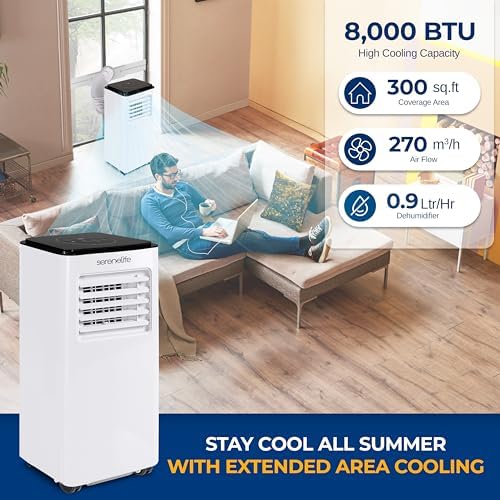 SereneLife 8000 BTU Portable Air Conditioner, 3-in-1 Compact Standing Air Conditioner for Room Up to 350 Sq. Ft., Floor AC Unit with LCD Remote Control, Auto Mode, Low Noise with Wrapped Compressor