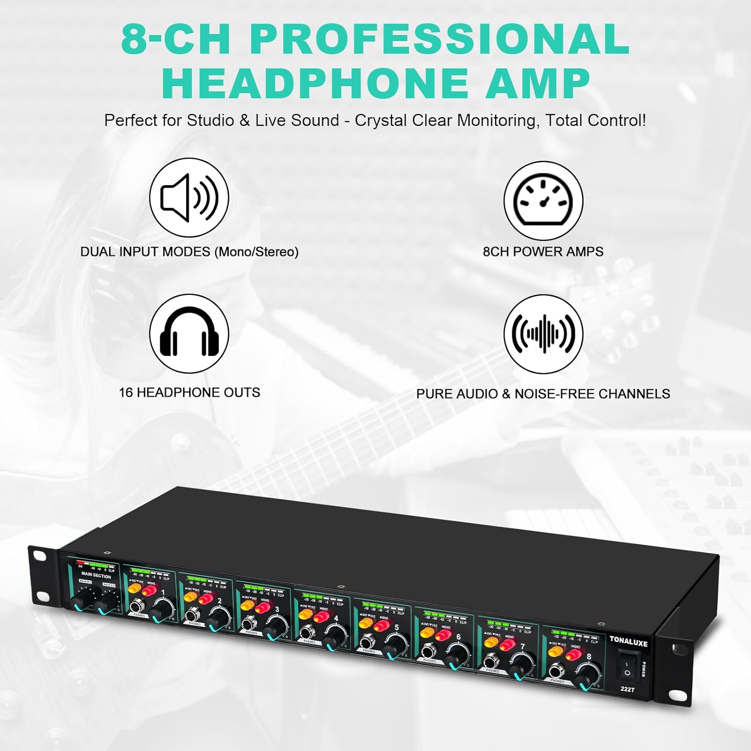 8-Channel Headphone Mixing Distribution Amplifier, Mountable High-Power Headphone Splitter Amp with Mono/Stereo Modes, 16 Headphone Outs, LED Meters for Studio & Live Sound Monitoring