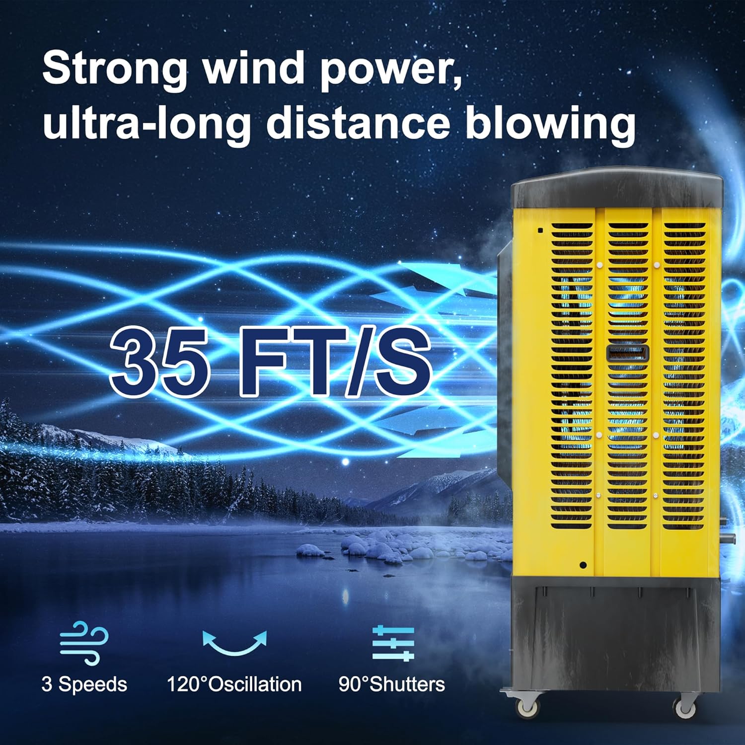 Swamp Cooler,6500 CFM Evaporative Air Cooler,19 Gal Water Tank Outdoor Air Conditioner,3 Speed,Suitable for Indoor & Outdoor Garage,Patio,courtyard,factory workshop,50inch,Yellow