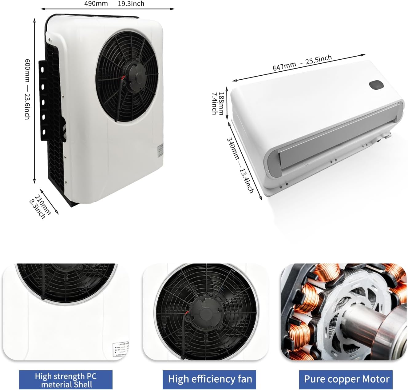 12V DC Air Conditioner Truck Air Conditioner for Rvs, Trucks, Construction Vehicles etc, Electric Split Parking A/C Silent Air Outlet Fast Cooling 10500BTU