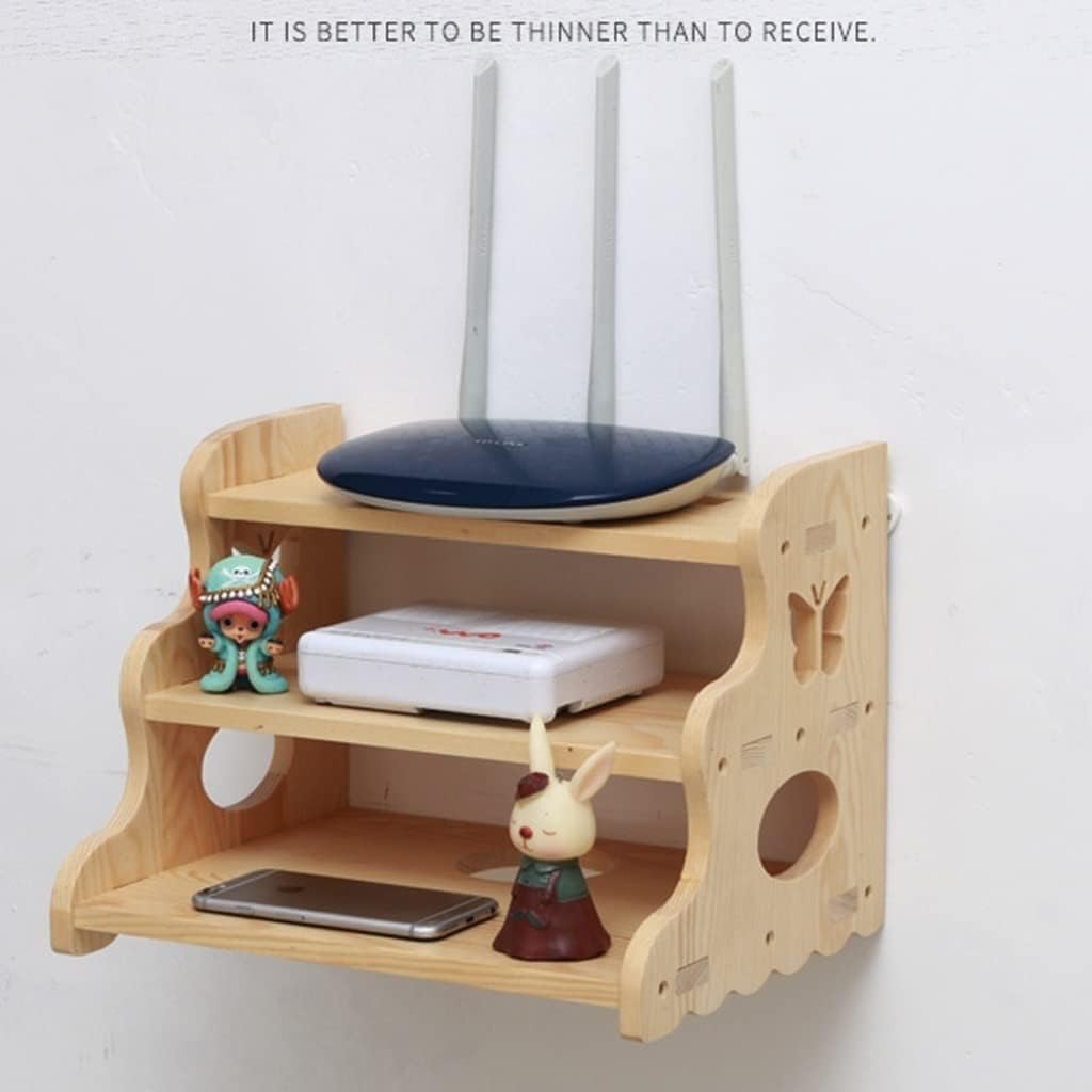 Wireless WiFi Router Shelf 3-Layer Wall-Mounted WiFi Storage Box, Wall Hanging WiFi Router Storage Shelf TV Set-Top Box Wall Storage Decorative Box for Home and Office(Brown-c)
