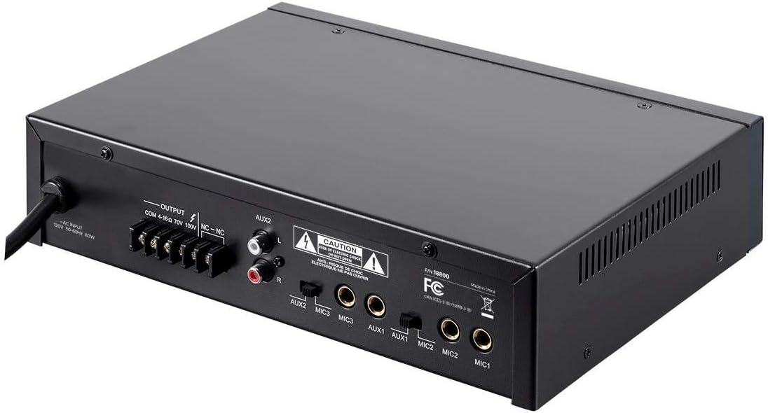 Monoprice Commercial Audio 3 Channel 60 Watt 100/70V Mixer Amp - Three Mic Inputs, Bass, Treble, and Volume Controls, Black