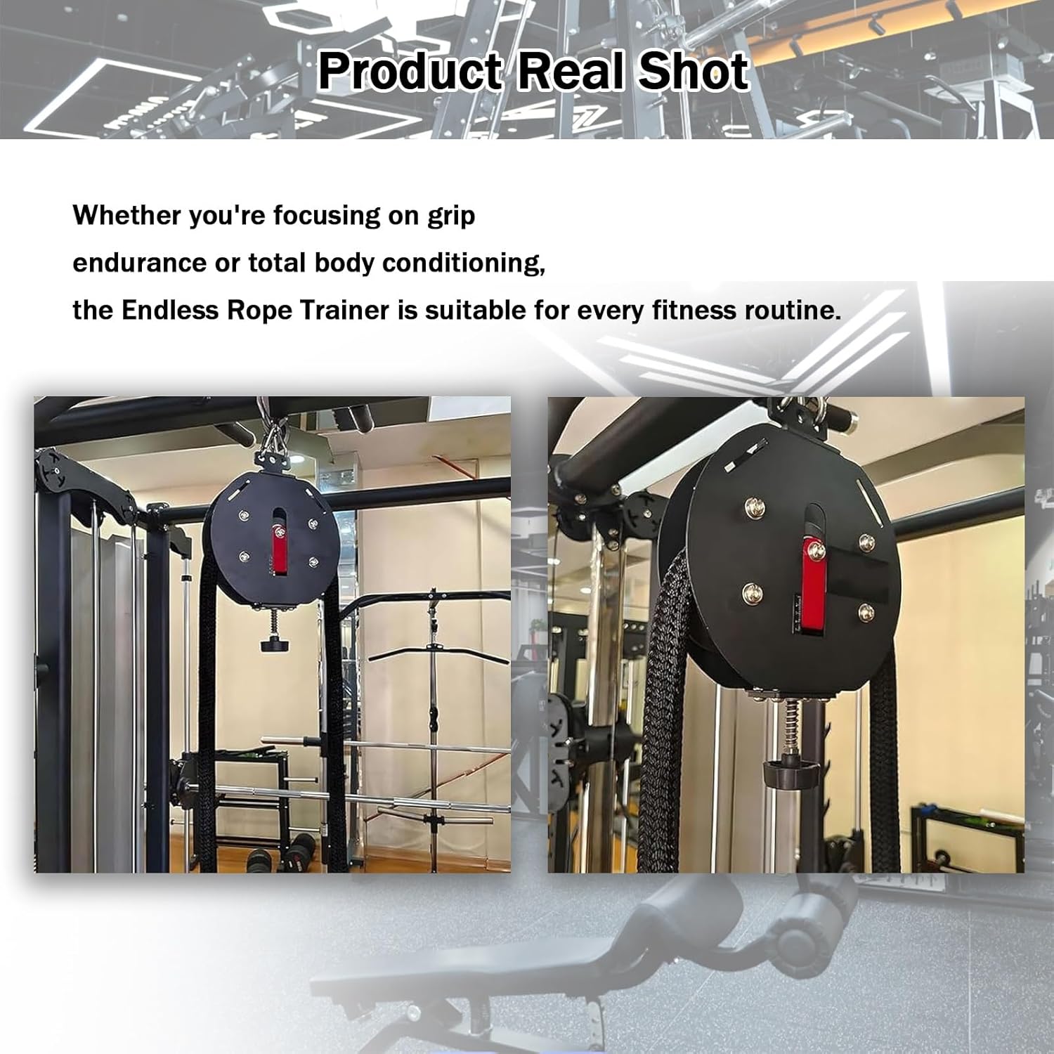 Mounted Endless Rope Pulley System, Steel Drum Mounts on Upright, Closed-Loop Nylon Rope, Home Gym Infinity Rope for Interval Resistance Training