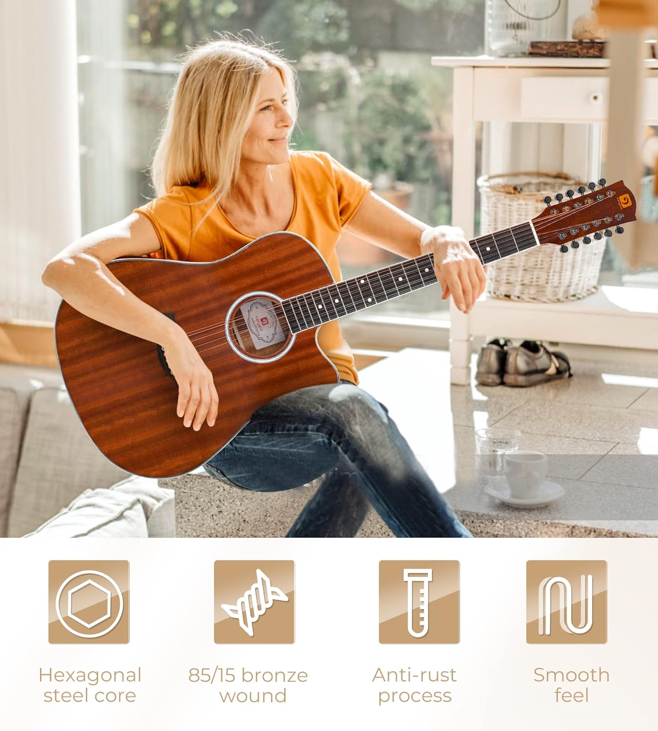 Vangoa 12 String Guitar, Twelve String Guitar Acoustic Electric Cutaway Guitarr Bundle with Strings Set