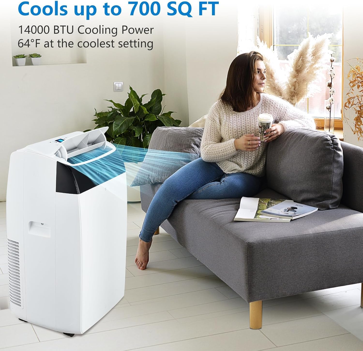 14,000 BTU Portable Air Conditioner - 3-in-1 Quiet AC for Rooms up to 750 Sq.Ft, Includes Remote Control & Installation Kits, 3 Cooling Speeds, Auto Swing, 24-Hour Timer