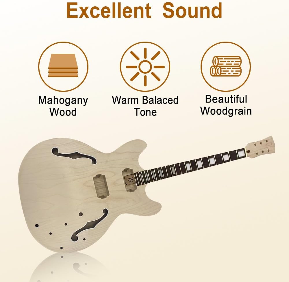 Semi-hollow Electric Guitar Kit, Maple Neck & Body, Rosewood Fretboard, 24.75