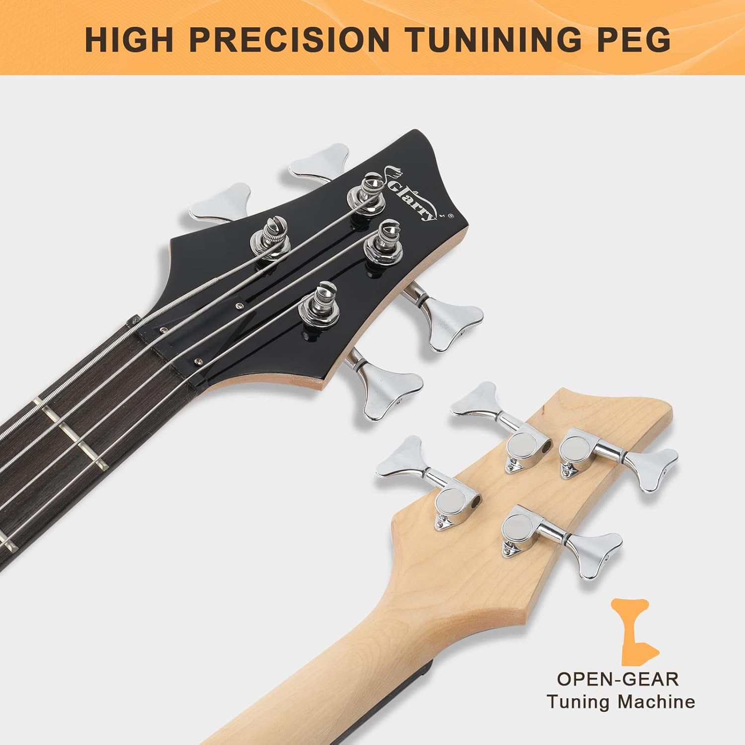 GLARRY Electric Bass Guitar 4 Strings Buring Fire Style Single Coil - Split Single Coil Pickups for Beginner Adults Right Hand w/ 20W Amp, Bag, Strap and Cord (Sunset)