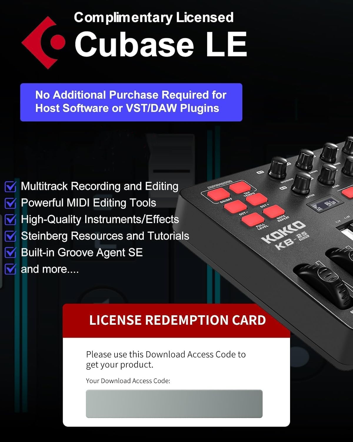 KOKKO MIDI Controller Keyboard, Mini 25 Key With 8 Backlit Drum Pads, 8 Knobs and Pitch Bend Wheel, Modulation Wheel for Music Production, Cubase LE Software Included