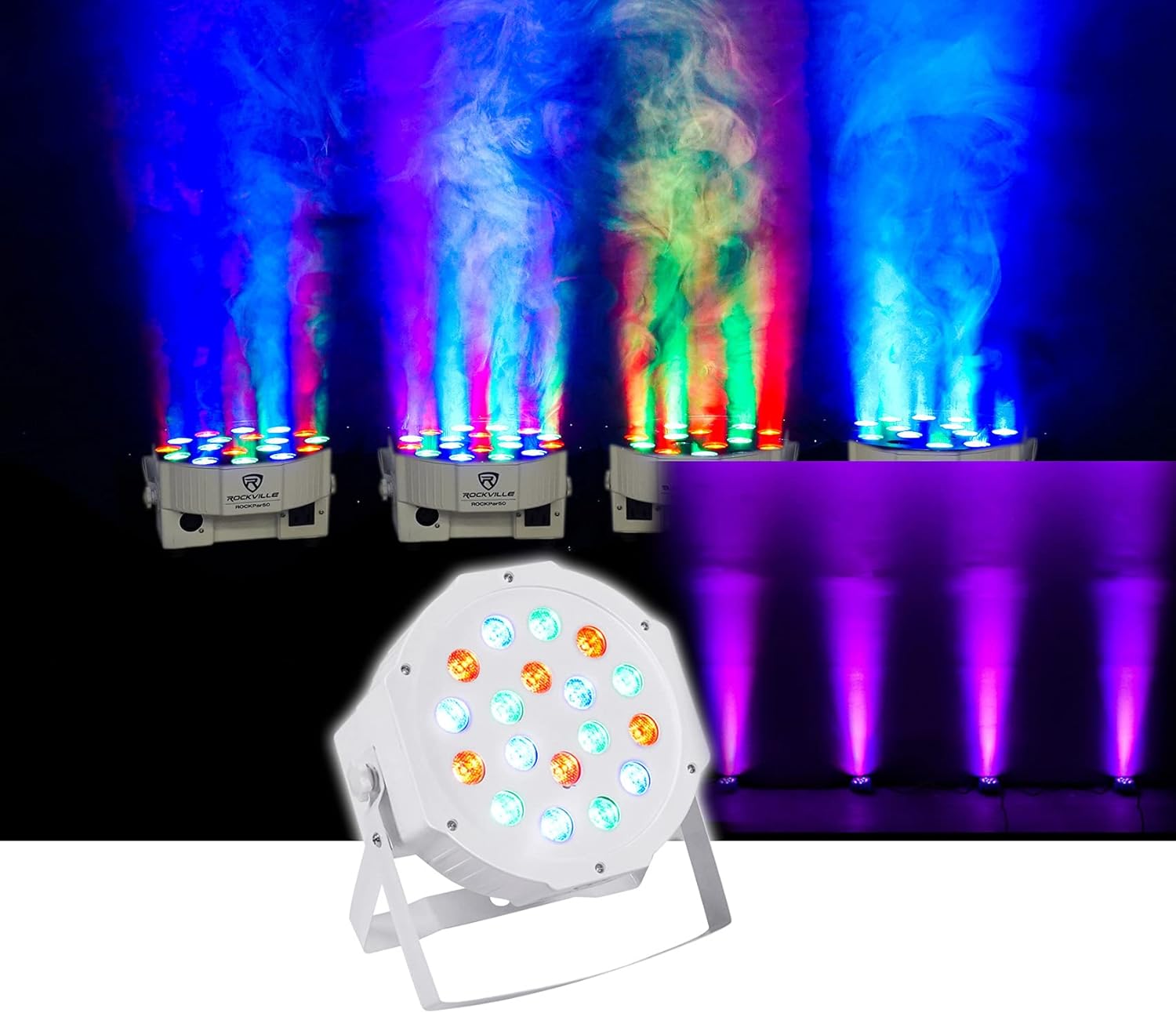 (12) Rockville RockPAR50 LED RGB Par Can DJ/Club Wash Light Bundle w/ (1) ROCKFORCE 384-Ch DMX Controller+MIDI Control, (6) RLB90 Travel Bag, (1) RDX3M25 DMX Cable, (11) RDX3M10 DMX Cable (31 Items)