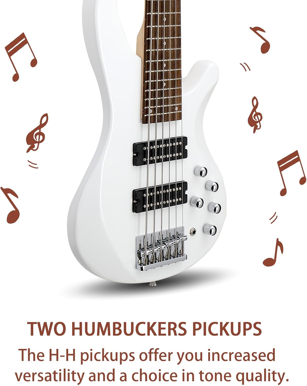 Ktaxon Bass Guitar 6 String Electric Bass Guitars, Beginner Bass Guitar with Professional H-H pickup, 3 Way Pickup Selector, Premium Cable, Unique Body Design for Beginner (Upgraded White)
