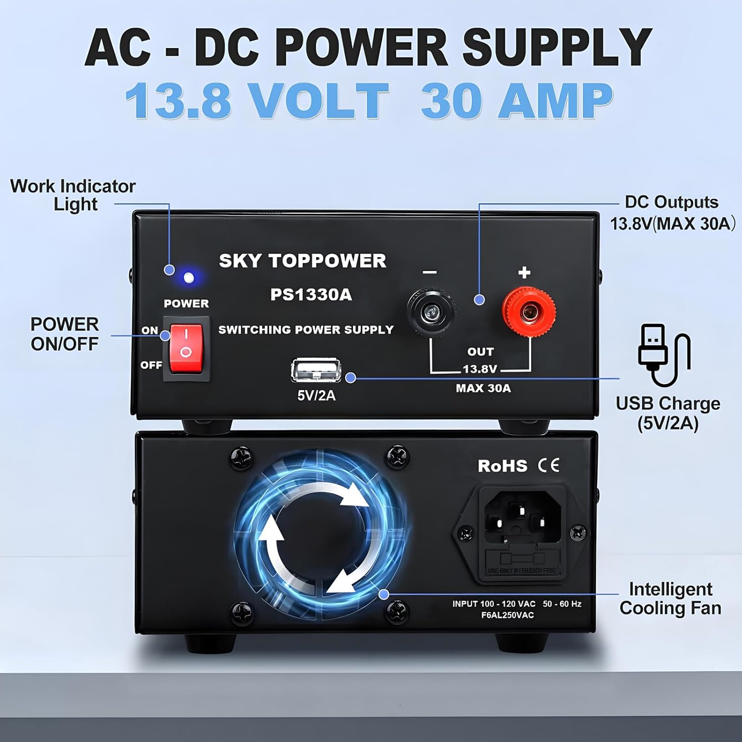 13.8V 30A DC Power Supply for Ham Radio,30 Amp Compact Regulated Bench Power Supply Lab Benchtop AC to DC Converter,Cooling Fan,5V 2A USB Interface,Powering Ham Radio, Amplifiers,SKY TOPPOWER PS1330A