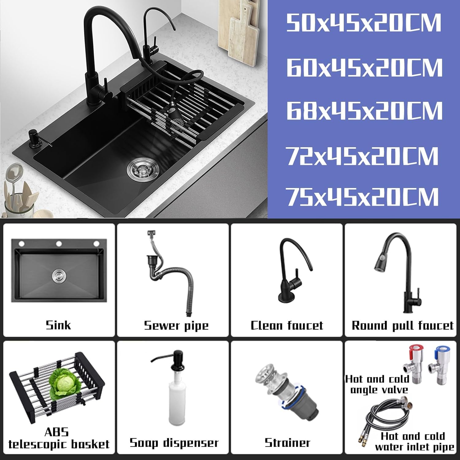 Kitchen Sink Single Bowl Sink Workstation Kitchen Sink with Pull-Out Faucet, Soap Dispenser, Telescopic Basket and Other Accessories (Black 68x45 (Black 75x45x20cm)
