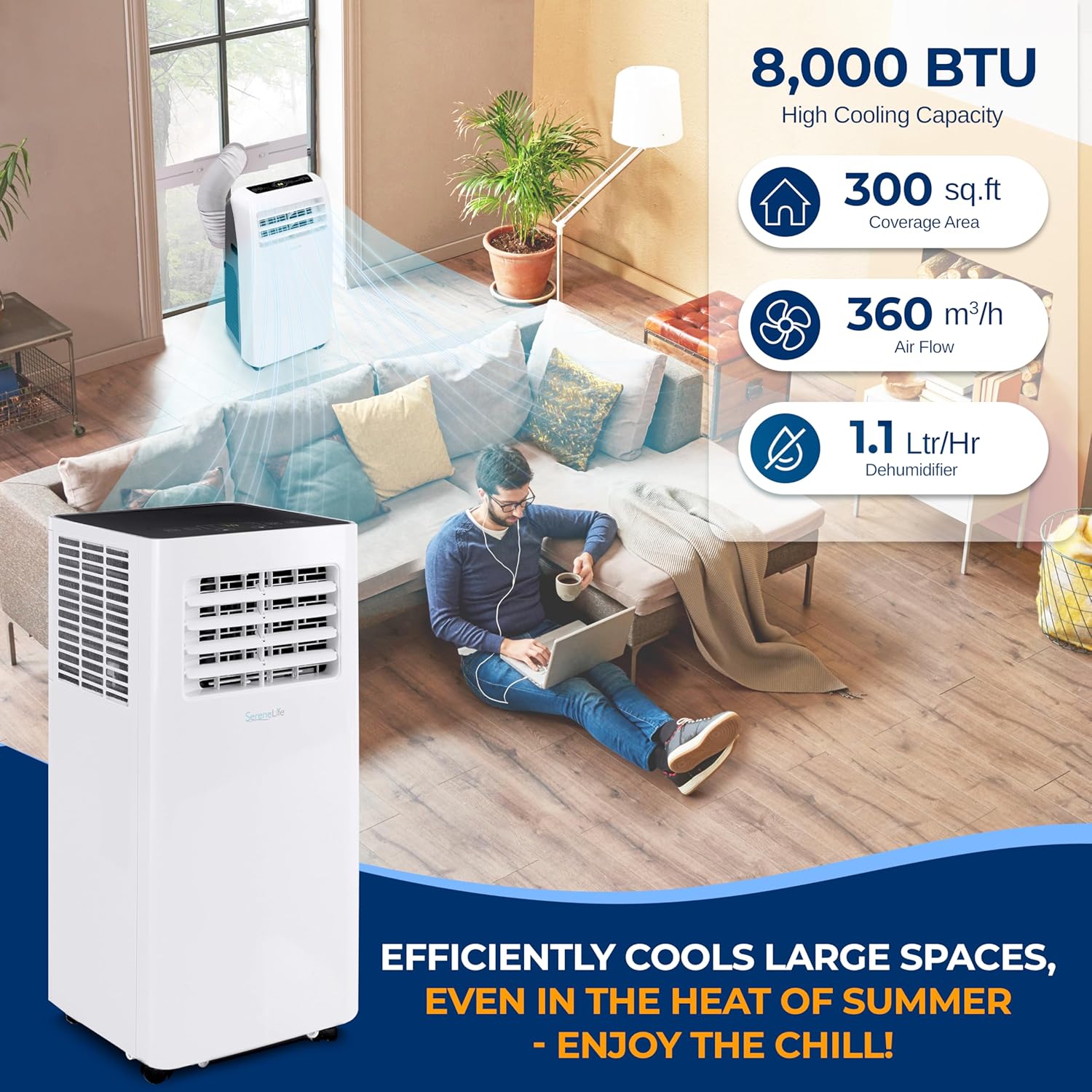 SereneLife Small Air Conditioner Portable 8,000 BTU with Built-in Dehumidifier - Portable AC unit for rooms up to 350 sq ft - WiFi app + Remote Control, Window Mount Exhaust Kit