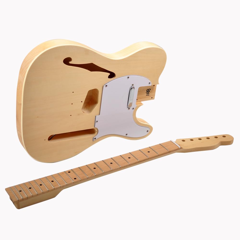 RSW DIY Electric Guitar Kit - Semi-Hollow Body with F-Hole - Pre-Wired Electronics (No Soldering) - Unfinished Basswood T-Style Guitar Building Project for Beginners