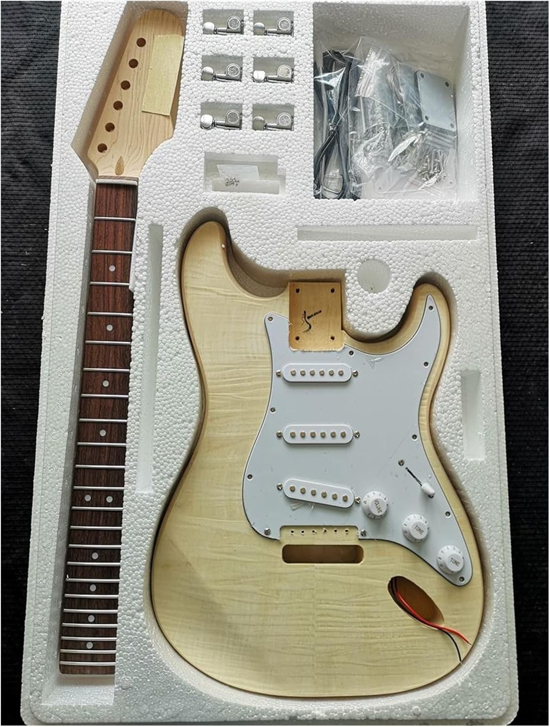 Unfinished Guitar Kit DIY Electric Guitar Making Kit, Maple Maple, Tiger Grain Basswood Body, Hard Maple Neck Handmade ​Guitar Body