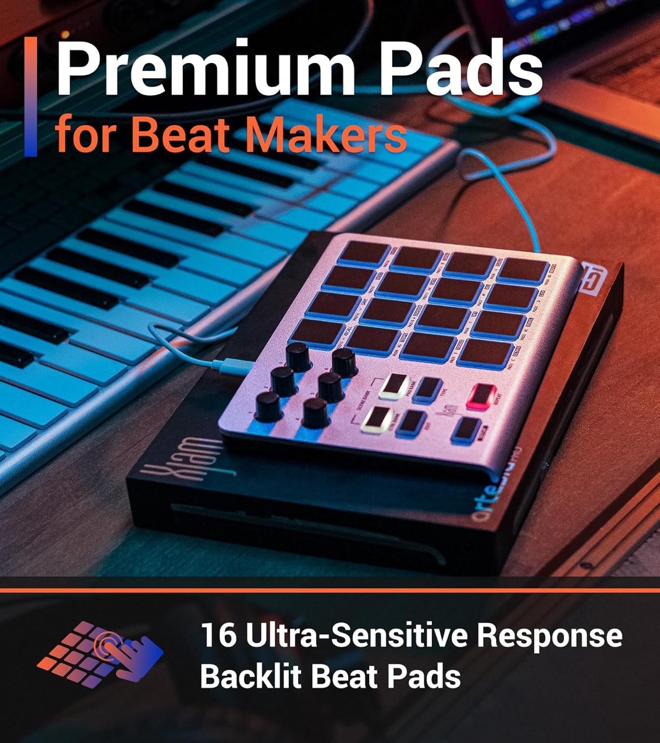 Xjam Professional MIDI Pad Controller - Ultra-Portable Aluminum Frame MIDI Drum Pad with 16 Beat Pads and 6 Assignable Knobs, Beat Machine for Melodic Samples, Plug & Play on iPad, iPhone, Mac, PC