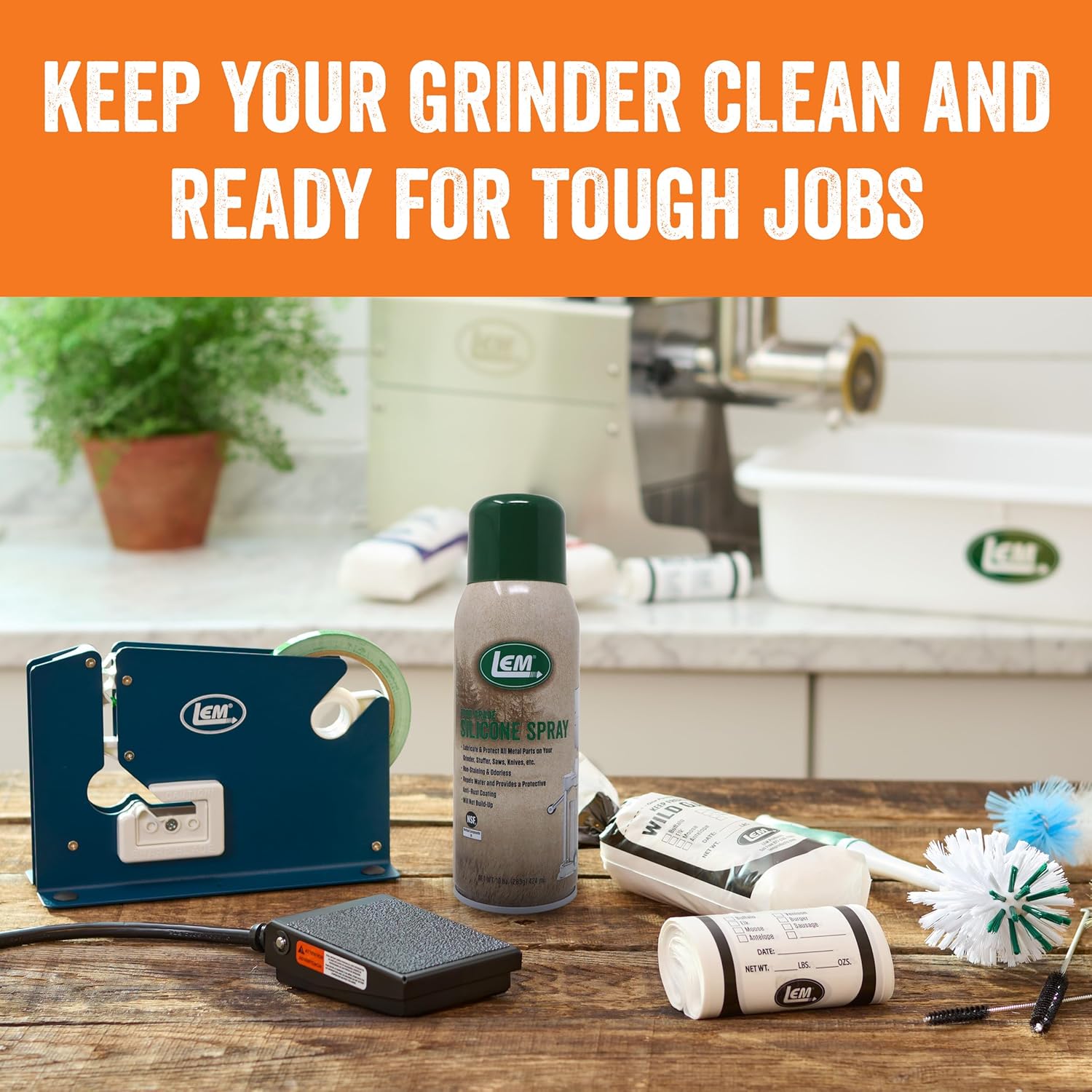 LEM Products Grinder Accessory Kit, Includes Foot Switch, Poly Bag Tape Machine, Meat Bags, Silicone Spray, and Brushes