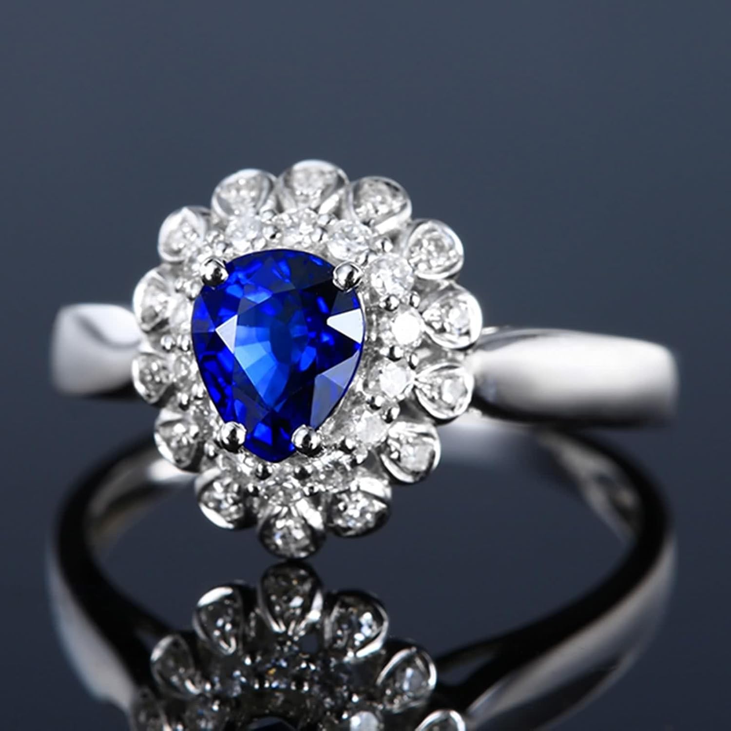 Engagement Rings for Women Flower, Wedding Ring Lab Created Sapphire Band 18K White Gold with Moissanite Birthday Gift for Her