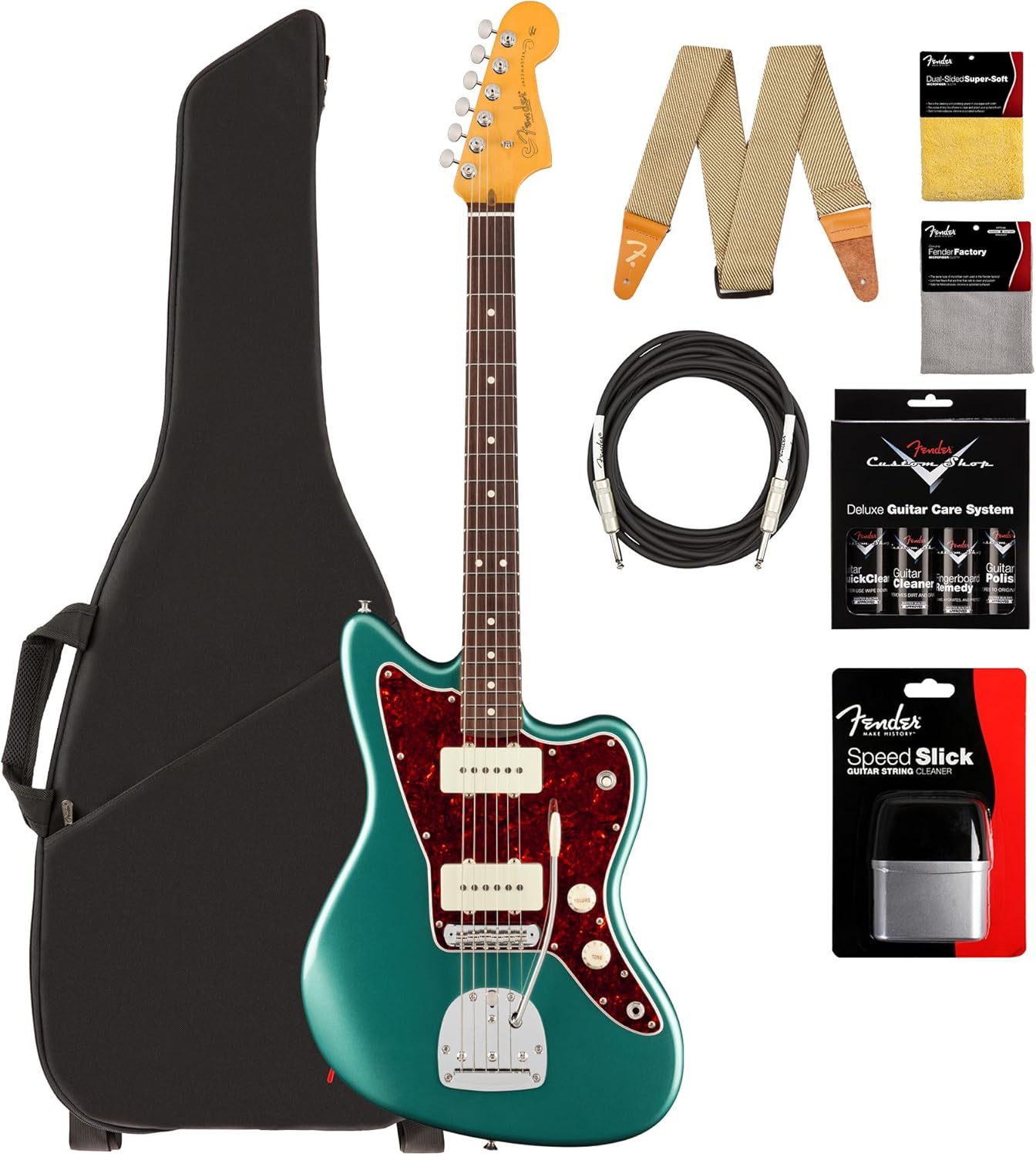 Fender American Professional Classic Jazzmaster - Faded Sherwood Green Metallic Bundle with Gig Bag, Strap, Cable, and Guitar Cleaning Kit