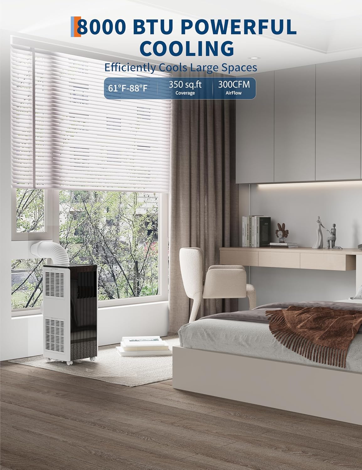 8000 BTU Portable Air Conditioner - 3 in-1 Cooling, Dehumidifier & Fan, Quiet AC Unit for Rooms Up to 350 Sq.Ft, 24H Timer, Remote Control & Window Kit Included, Black Top Cover