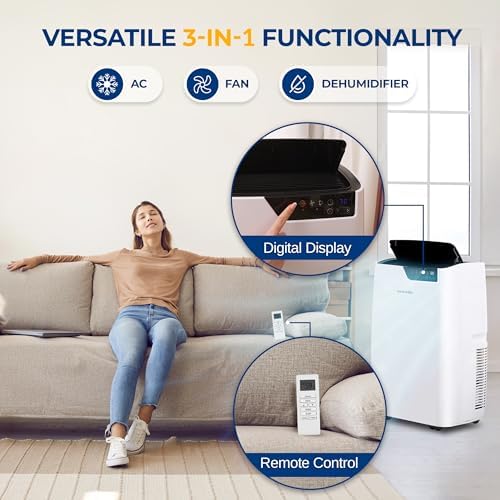 SereneLife 14000 BTU Portable Air Conditioner 4-in-1 with Heating - Compact Standing Air Conditioner for Room Up to 400 Sq. Ft. Floor AC Unit with Remote Control - Universal Casters, Window Mount Kit
