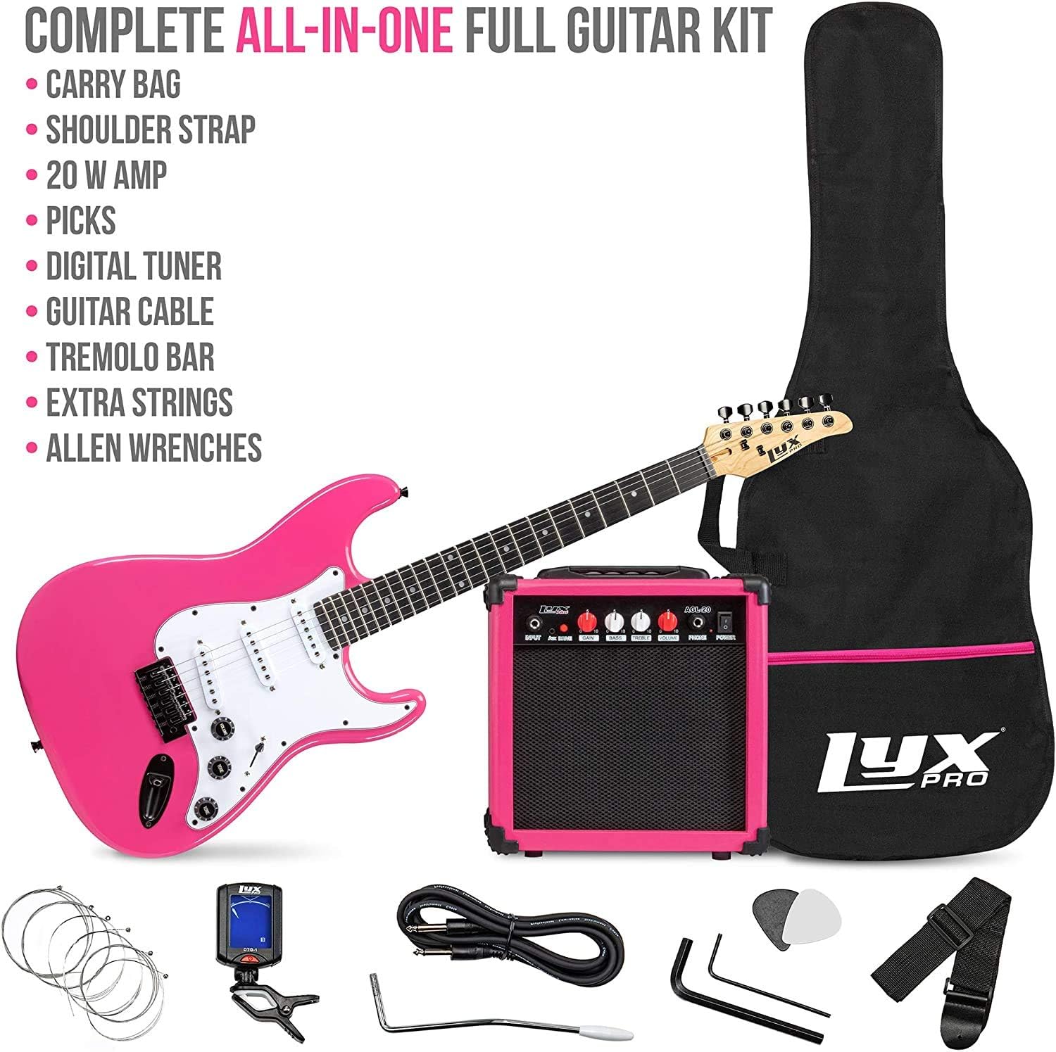 LyxPro Full Size Electric Guitar Pink with 20w Amp Package, Mackie Onyx Artist 2-2 Audio/Midi interface With Pro Tools First/Tracktion Music Production Software Kit With Professional Headphones
