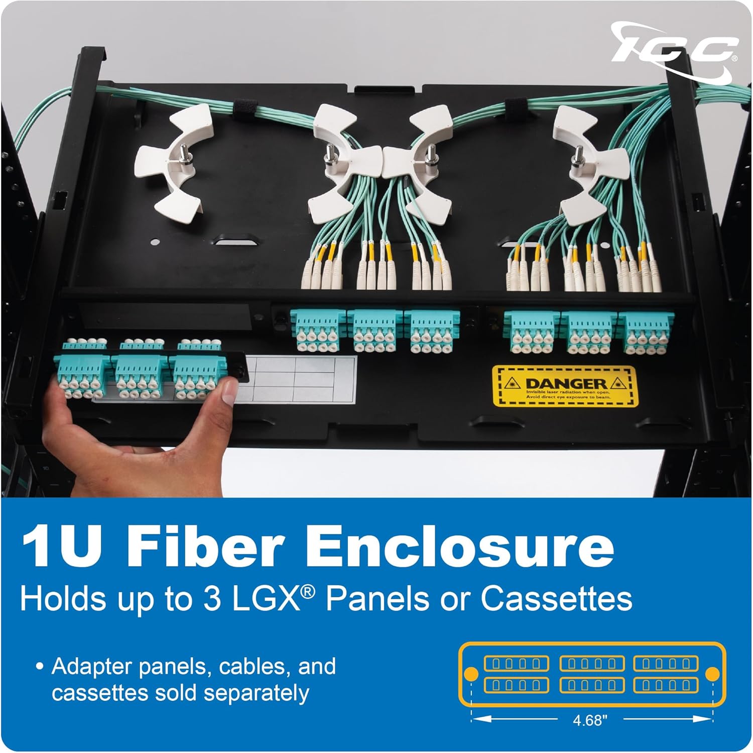 ICC 1U Fiber Optic Rack Mount Enclosure - 3 Slots for LGX Compatible Adapter Panels or Cassettes, Supports up to 72 Fibers, Fits 19-Inch Racks, Secure Fiber Management Solution, ICFORE31RM