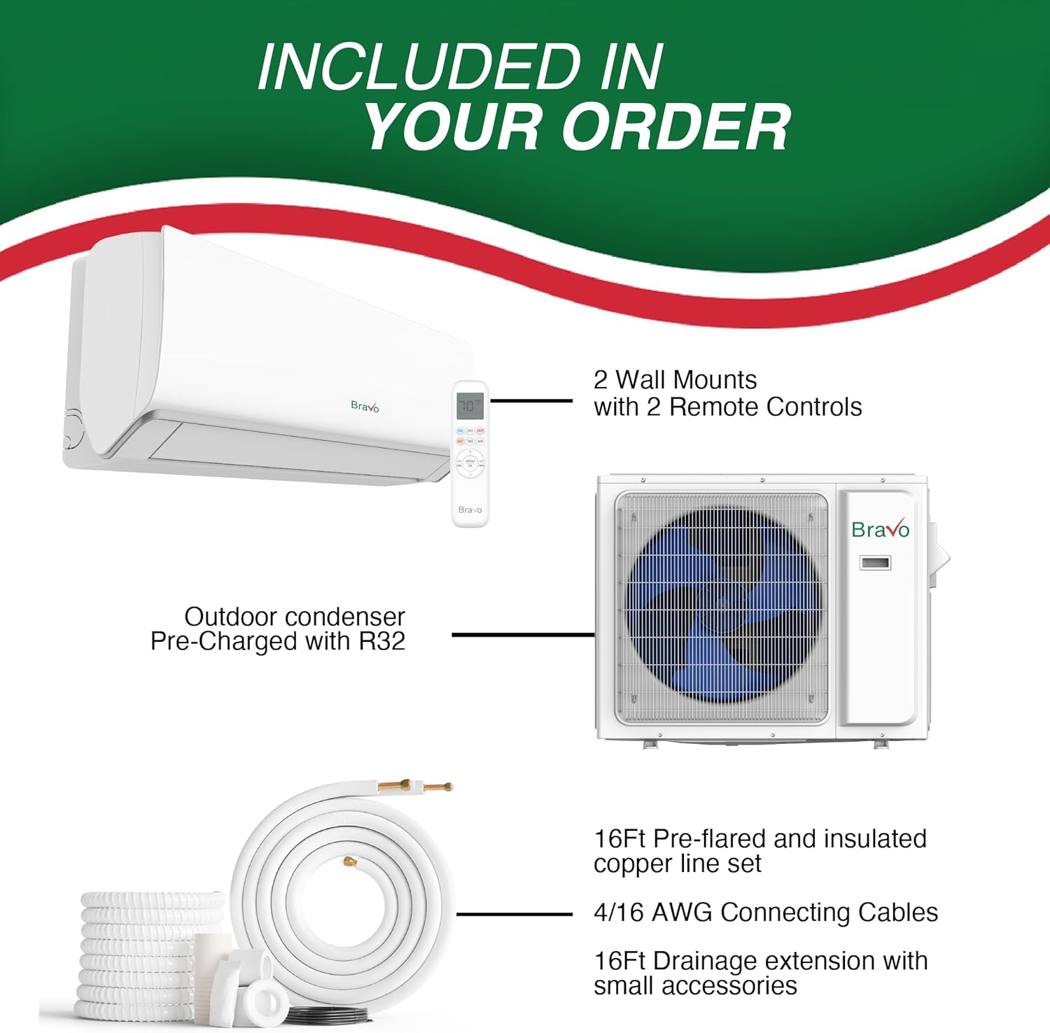 BRAVO 36,000 BTU Dual Zone 18000 + 18000 BTU Wall Mount, 23 SEER2 Ductless Mini Split AC & Heat Pump – Includes Smart Control & 16FT Installation Kits – Inverter System