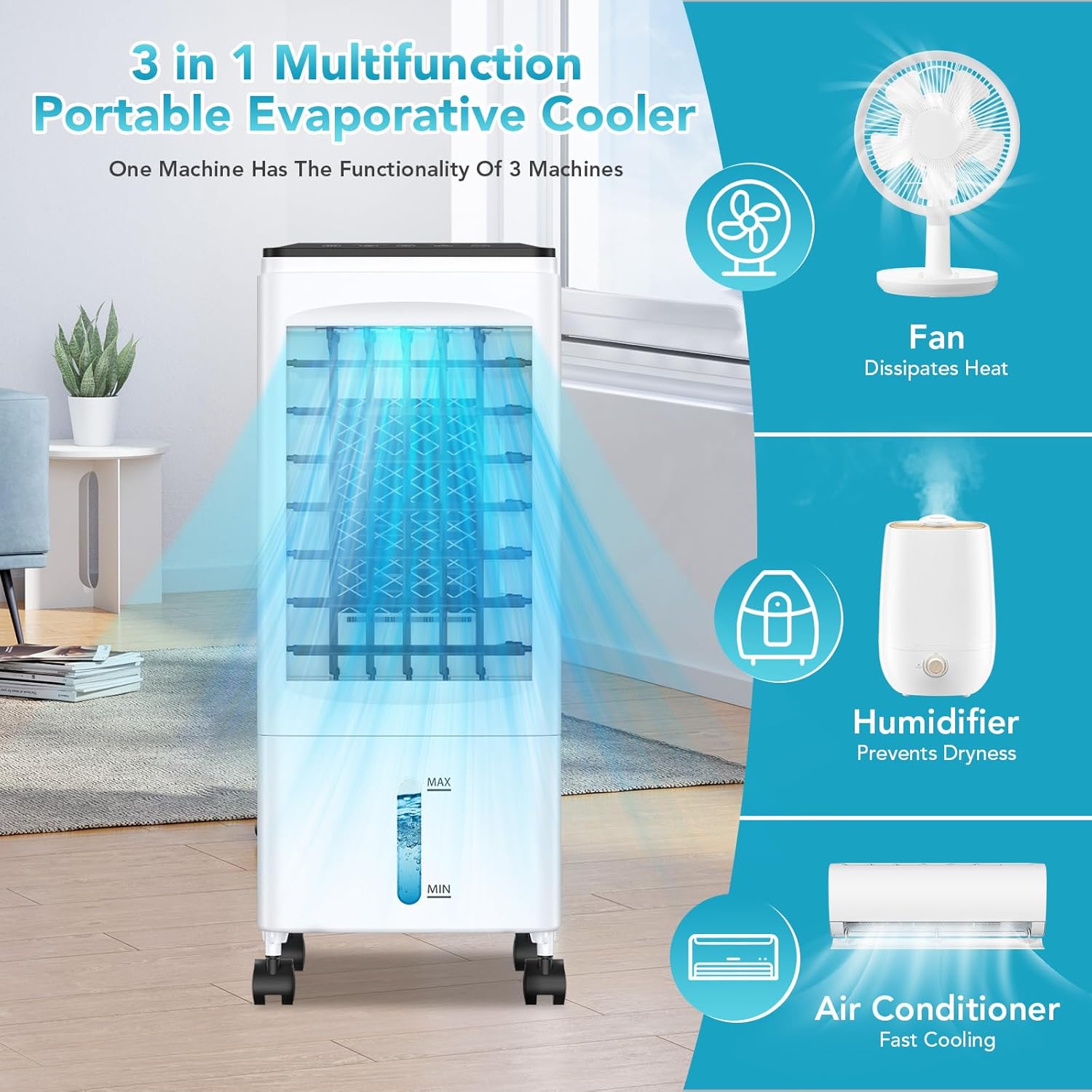 Portable Air Conditioners, 3-IN-1 Evaporative Air Cooler, 2.5 Gal Fast Cooling Portable AC Unit w/Remote & Timer, 3 Speed Quiet Swamp Cooler, Windowless Air Conditioner Fan for Room Office (White)