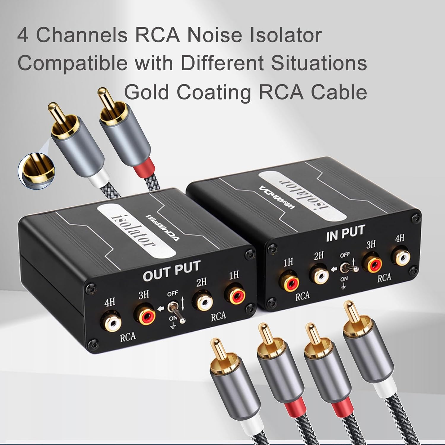4 Channels RCA Ground Loop Noise Isolator(No Reduce Bass)Gold Coating Audio Hum Eliminator Speaker Noise Filter Aluminum Shell for HIFI Stereo Car Audio Player Home Theater Plug&Play (Black)