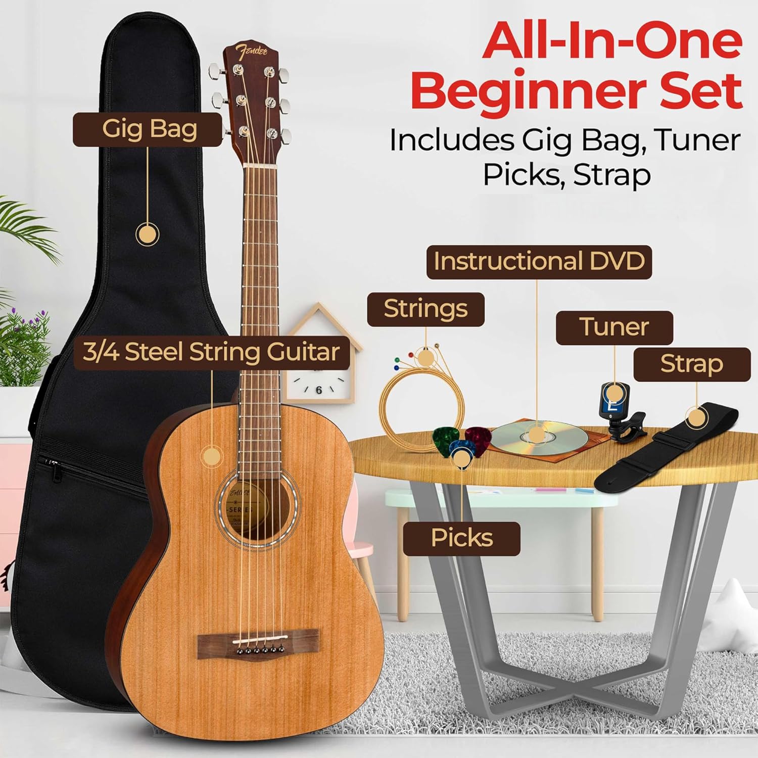 Fender FA-15 3/4-Scale Kids Steel String Acoustic Guitar - Natural Bundle with Gig Bag, Tuner, Strap, Picks, and Austin Bazaar Instructional DVD