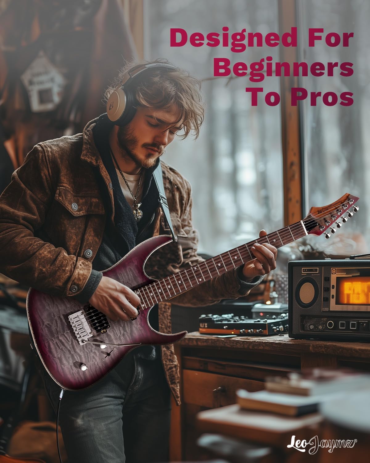 Leo Jaymz Hurricane Series Electric Guitar,Double Cut Arched Top Mahogany Body,Reverse Headstock,Roasted Maple Neck,Rosewood Fretboard,Alnico V Pickups,Locking Tuners,Tremolo Bridge (Purple Black)