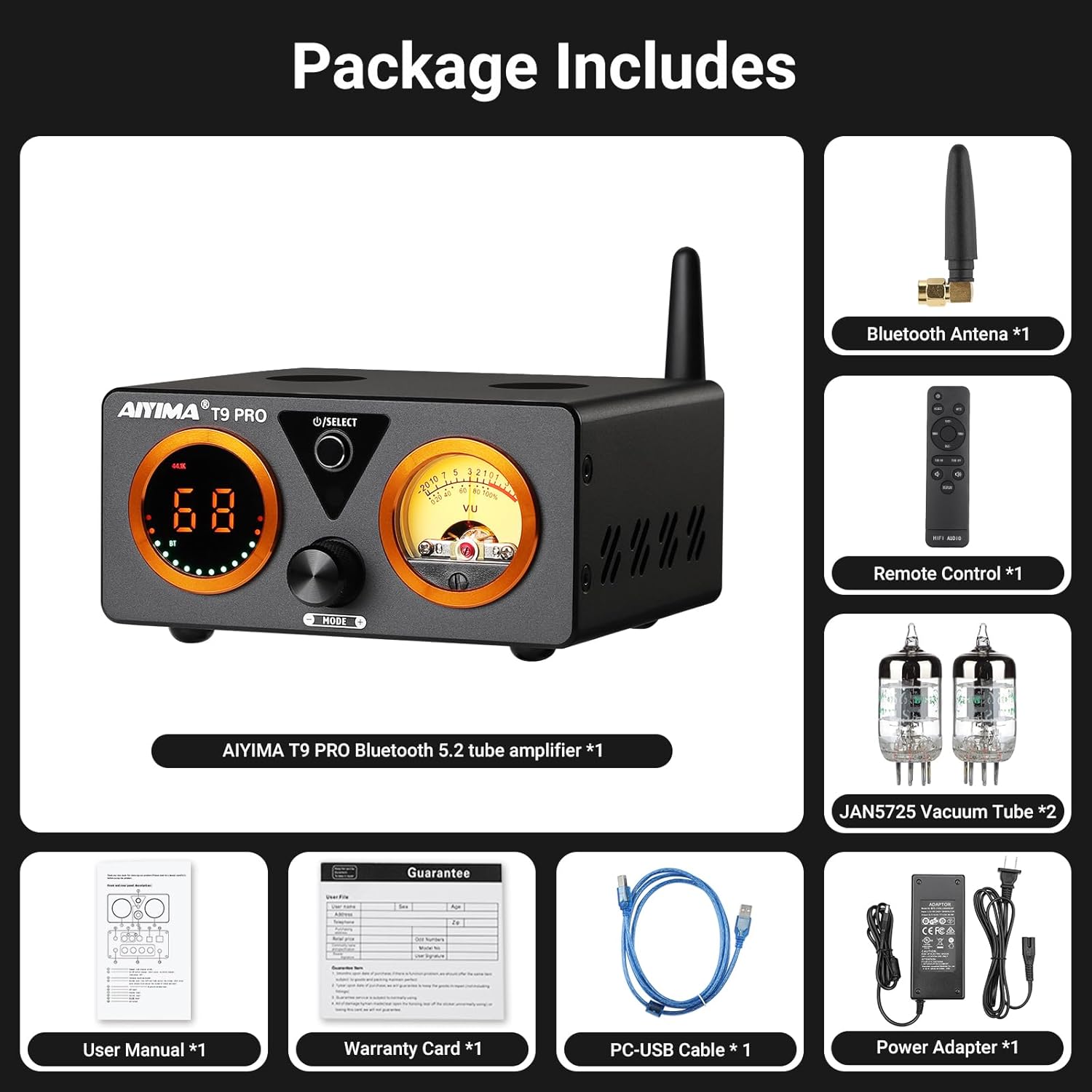 AIYIMA T9 PRO 200W Bluetooth Amplifier HiFi Digital Class D Power Amp 2.0/2.1 Channel Vacuum Tube DAC Amp with VU Meter & Bass Treble Bluetooth 5.2 Coaxial Optical PC-USB inputs (AIYIMA T9 PRO)