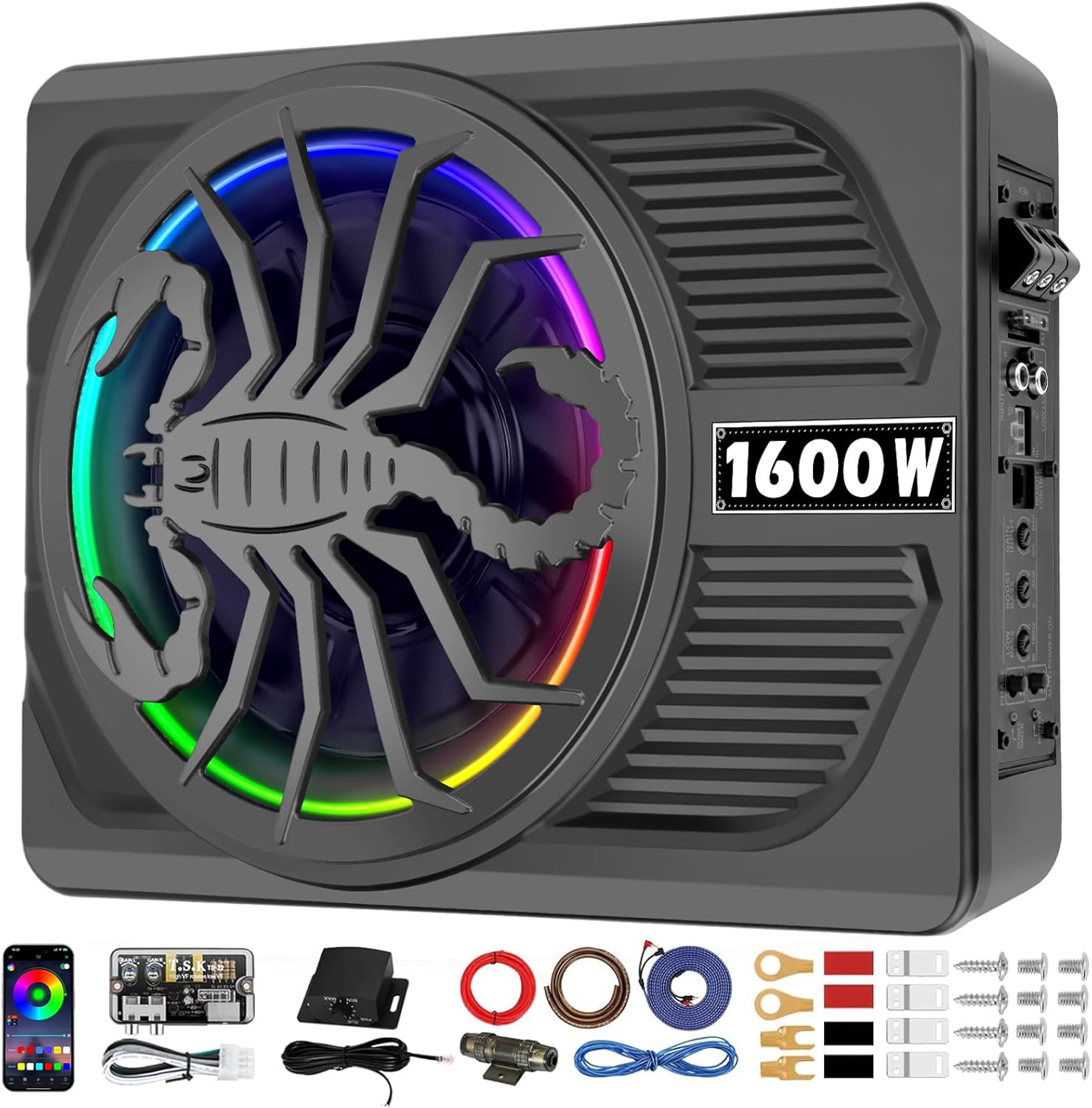 2026 Upgraded 1600W Slim Underseat Car Subwoofer and Amp Package with RGB Beat-Synced Light, Individual Control for Low Pass/Gain/Boost Bass, Clean Deep Bass Perfect for Truck, SUV, Jeep