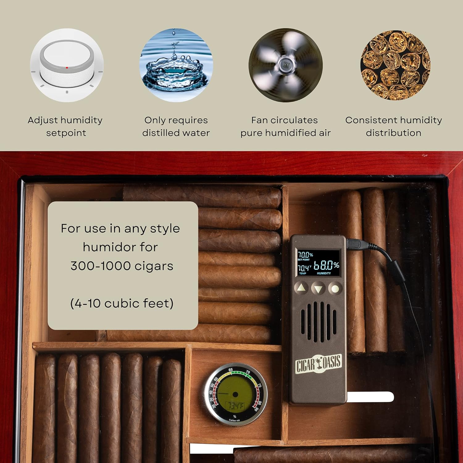 Oasis Plus 3.0 - Advanced Electronic Humidifier - LCD Display, Sensor Fan, Soft-Touch Button - 300-1000 Capacity - Refill Cartridge, Vapor Technology, Accessory Kit