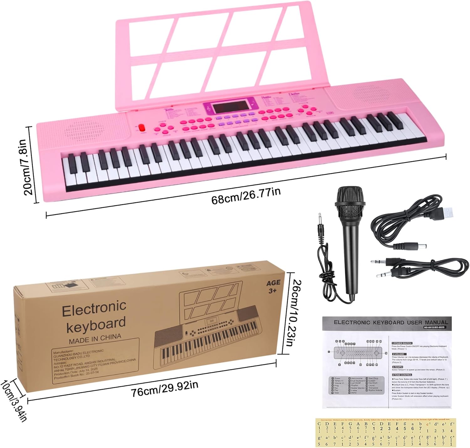 Kids Keyboard Piano, 61 Light-up Key Electric Piano Musical Learning Toy for Beginners with Microphone, Music Stand, Notekey Sticker, Birthday Xmas Gift for 3-10 Years Old, Pink