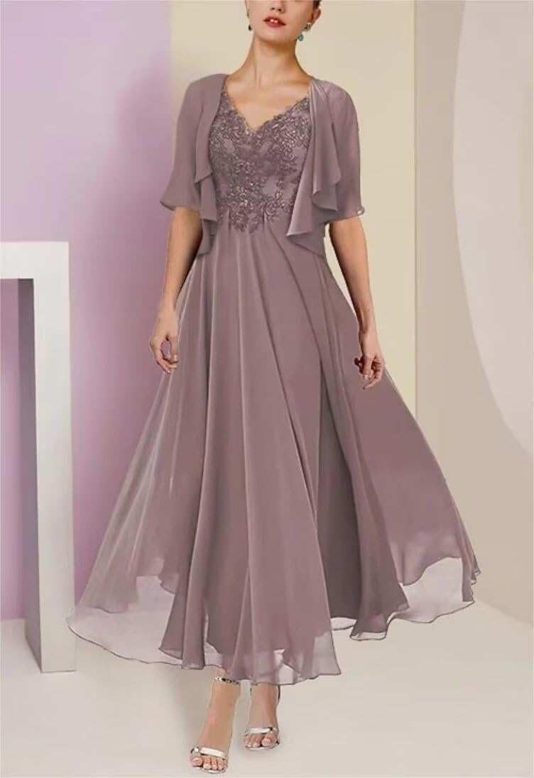 2 Piece Tea Length Mother of The Bride Dresses with Jacket A Line Formal Evening Gown with Pockets