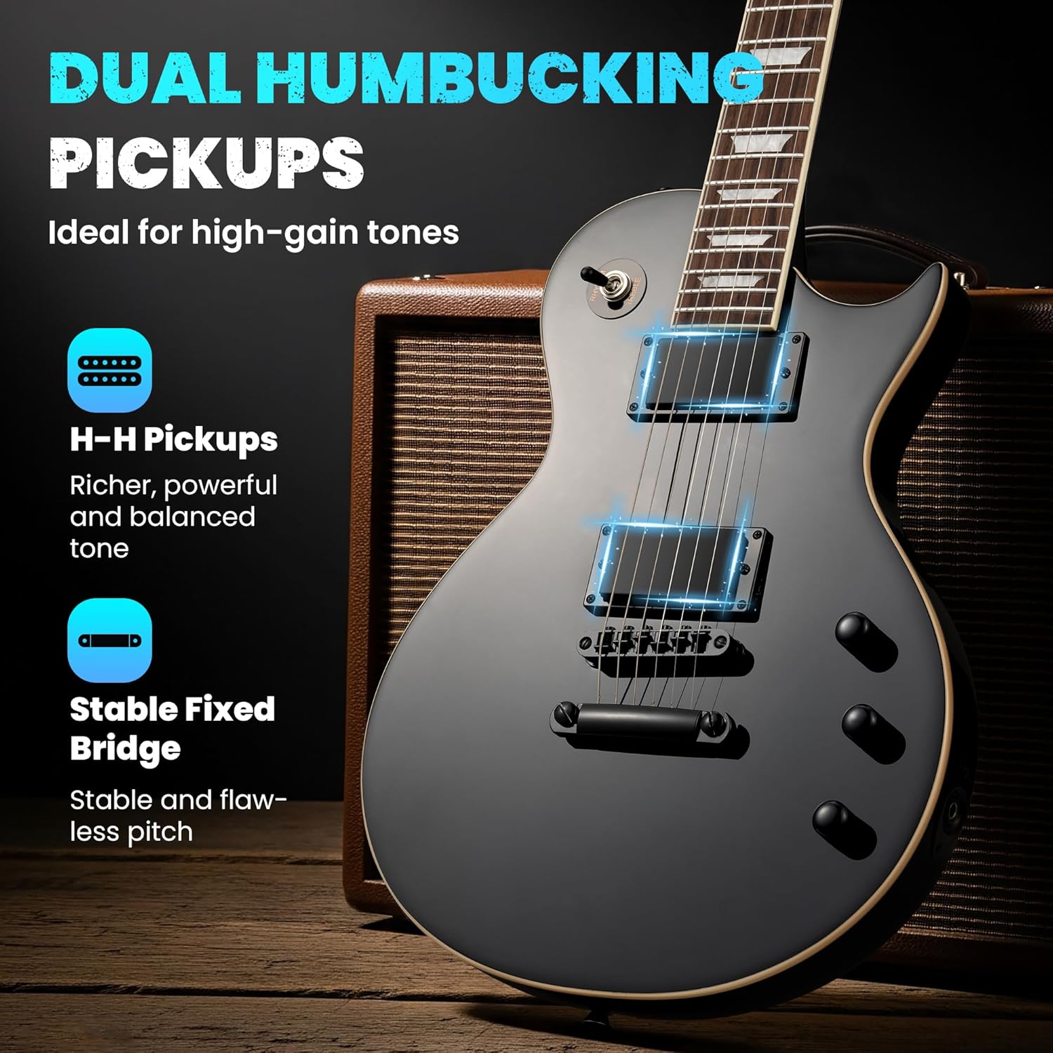 CAHAYA Electric Guitar Kit 39 In - Full Size LP Beginner Electric Sett with Solid Okoume Body 2 Humbucker Pickups, Maple Neck, Gig Bag, Strap, Cable for Adults Teen Black