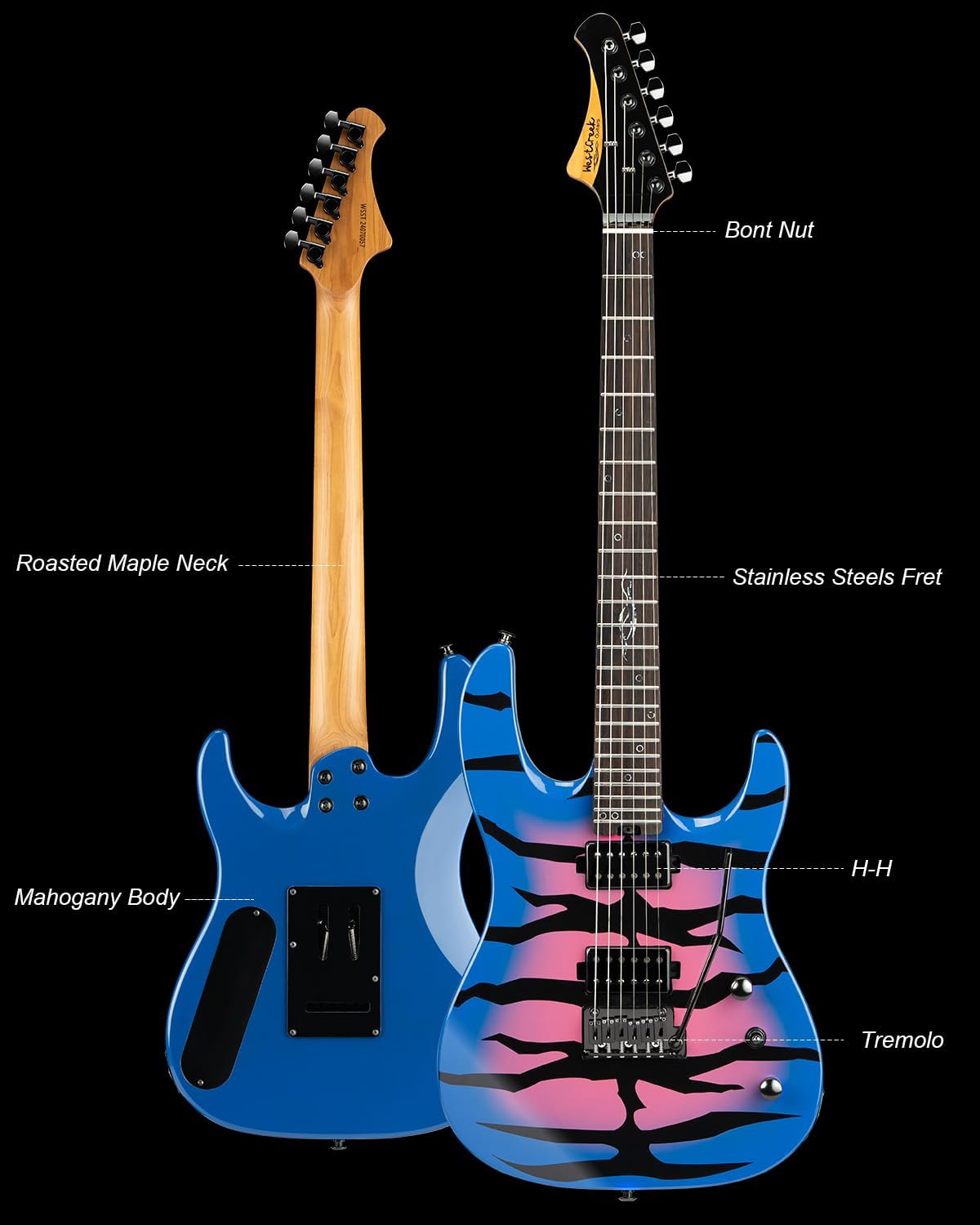 WestCreek Aetheris Solid Body Electric Guitar Roasted Maple Neck, Stainless Steel Frets, Bone Nut 24 Frets（Blue）