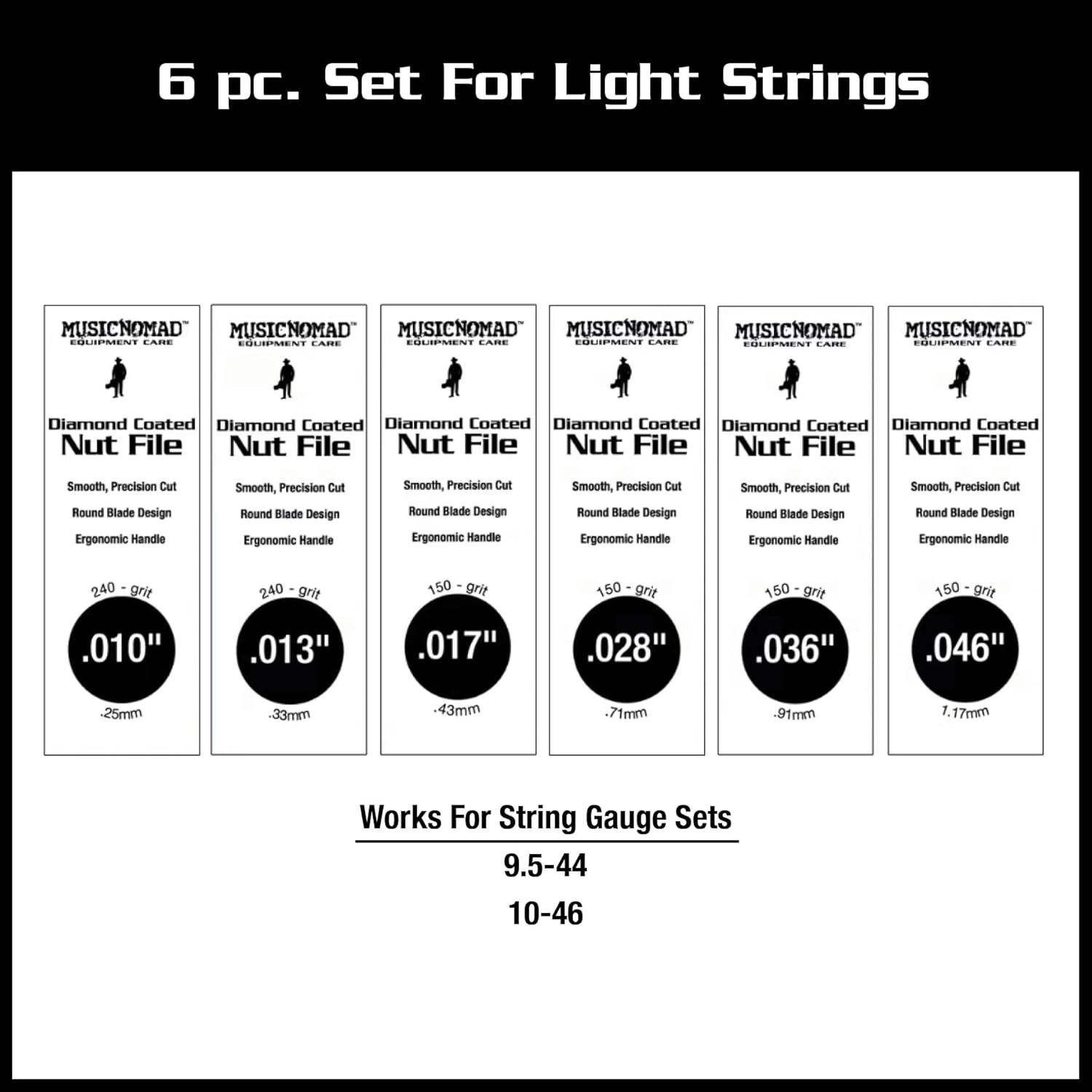 MusicNomad MN668 6 pc. Diamond Coated Electric Guitar Nut Slotting File Set - Light Strings, with Storage Case