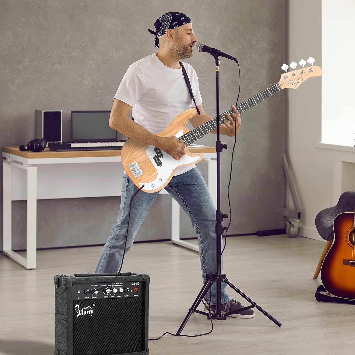 GLARRY Full Size Electric Bass Guitar Beginner Kit 4 String Exquisite Basswood Bass with 20W AMP, Cable, Strap, Bag and Accessories (Natural Wood, 39