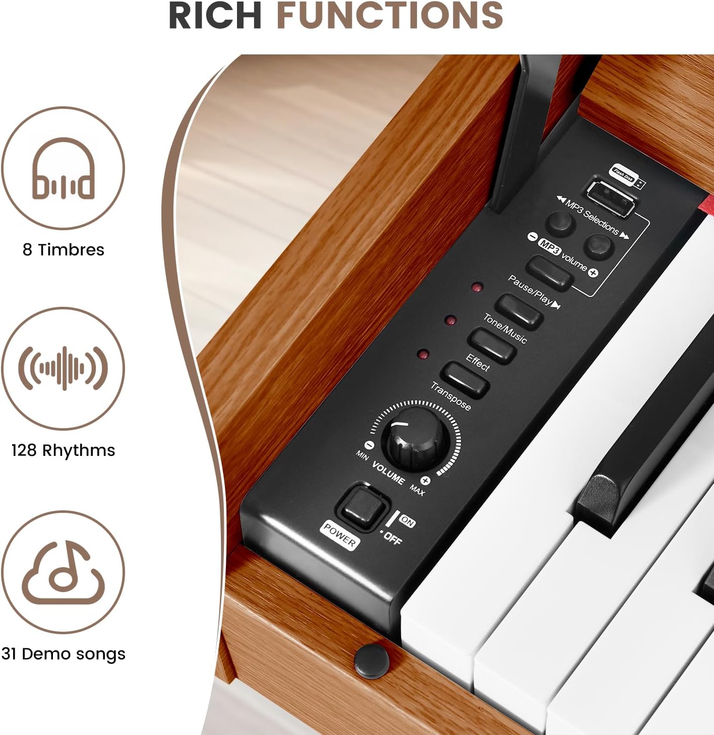 88 Key Digital Piano Keyboard for Beginners, Fully Weighted Wooden Electric Piano with Triple Pedal, Headphone, Supports MIDI Connecting, French Dream Sound Source (Brown)