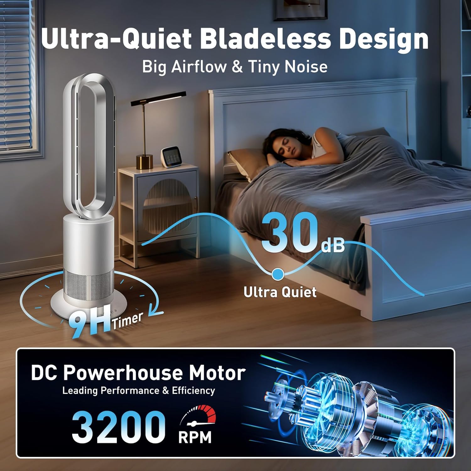 TP09Plus Bladeless Tower Fan, 2-in-1 Space Heater & Cooling Fan with Remote & Touch Control, 10 Cooling + 3 Heating Modes, Ultra-Quiet DC Motor for Bedroom & Home Office