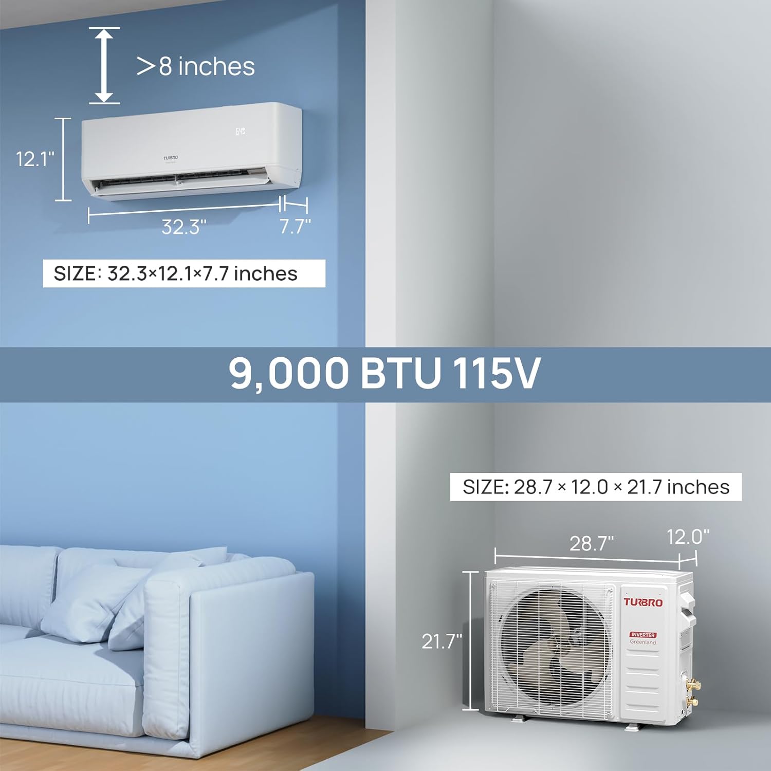 TURBRO 9,000 BTU Ductless Mini Split Inverter AC with Heat Pump, 24 SEER2, 115V, WiFi-Enabled, Cools up to 450 Sq.Ft, Energy Star, R454B，Greenland Series