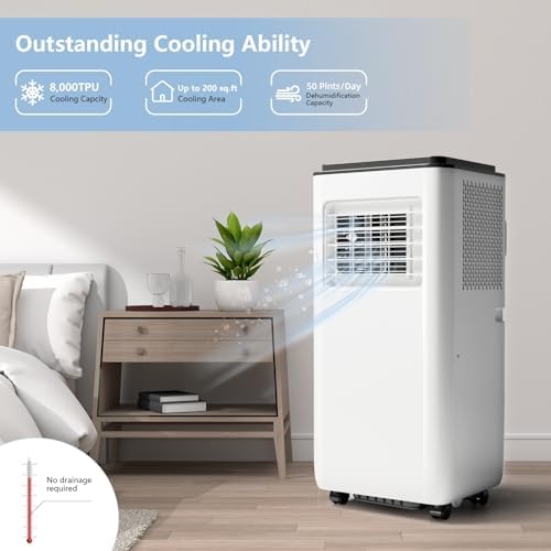8000BTU Portable Air Conditioner for Room Up to 350 Sq. Ft, freestanding Portable Ac Built-In Dehumidifier, Fan, Sleep Modes, Indoor Air Conditioner with LED Display, Remote Control
